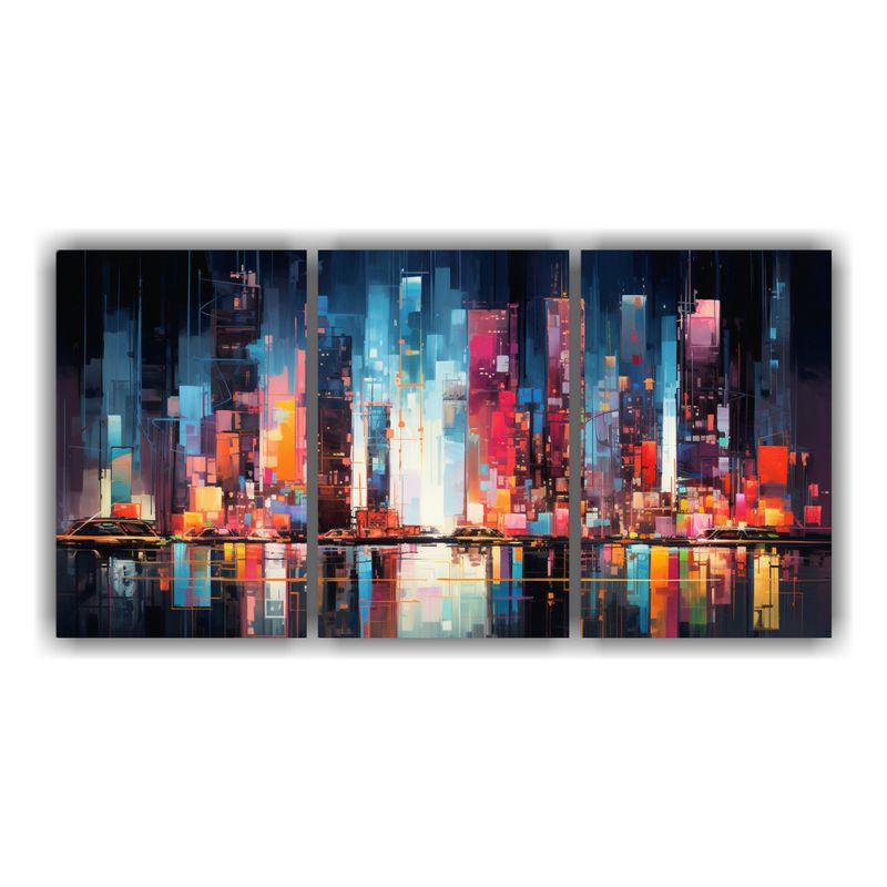 GENERICO - Tríptico Abstracto Nocturno De Una Ciudad En Vibra 240x120cm