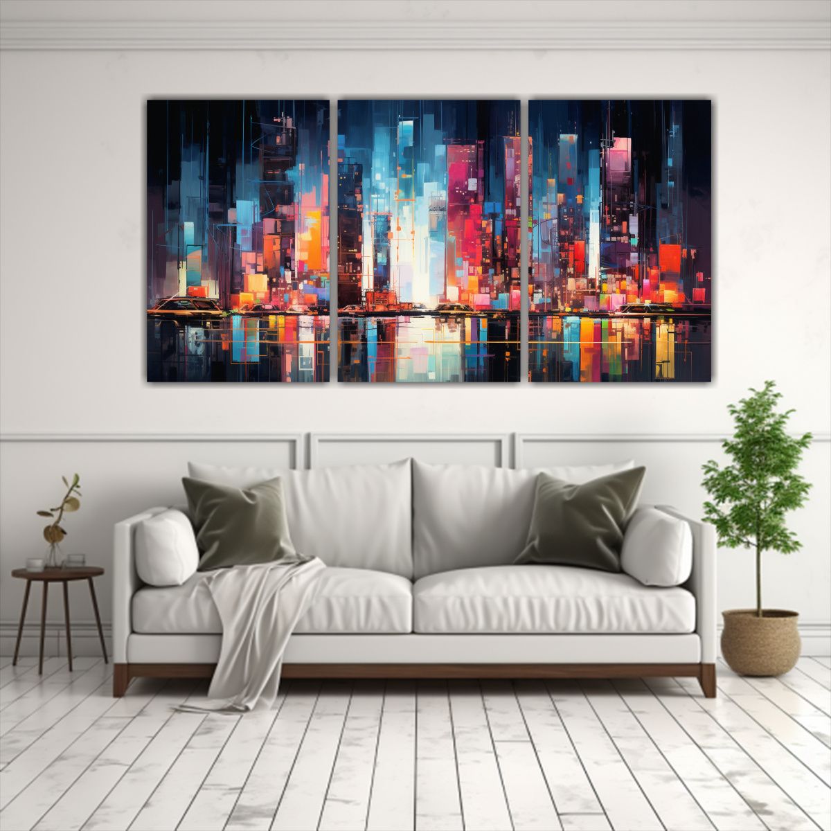GENERICO - Tríptico Abstracto Nocturno De Una Ciudad En Vibra 240x120cm