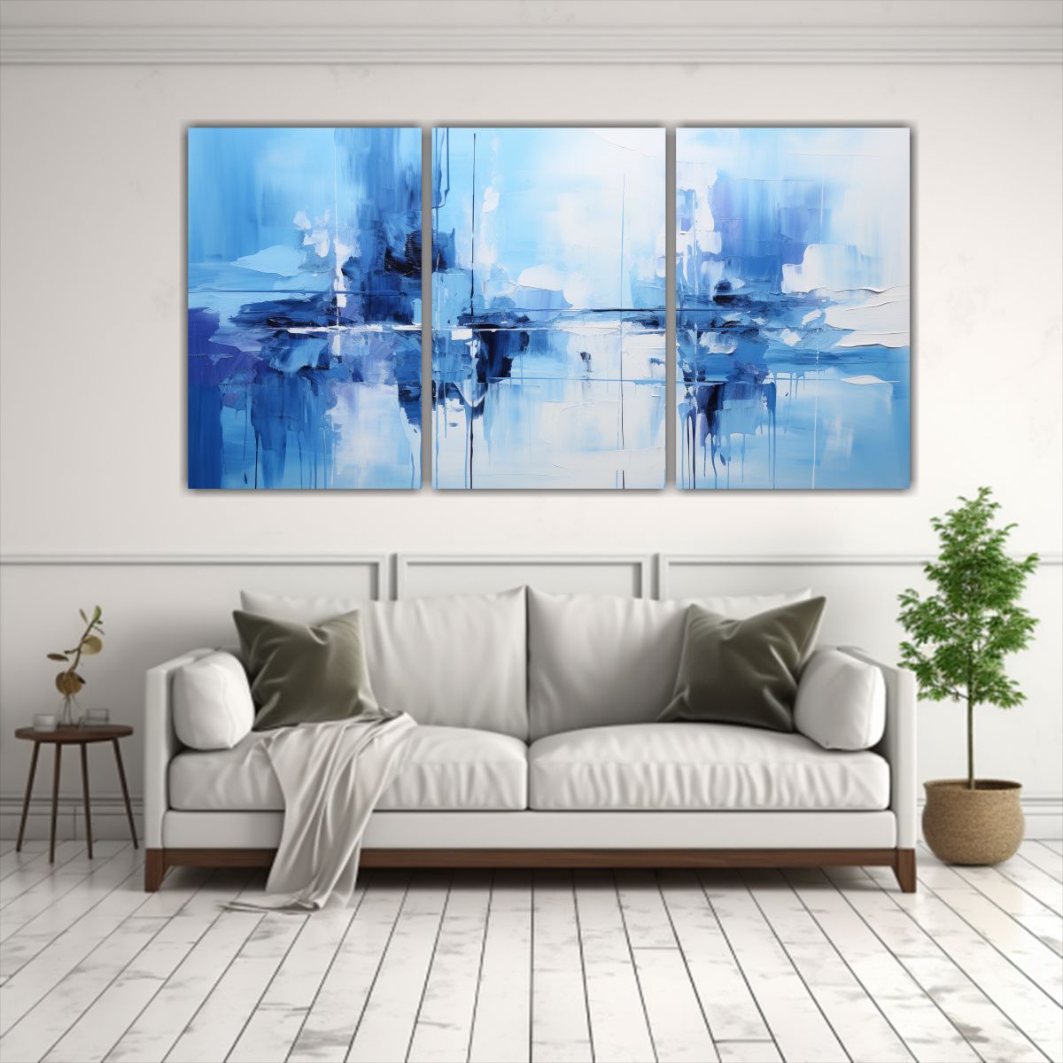 GENERICO - Tres Cuadros Fotografía Abstracta Azul Con Luces Y Líneas  240x120cm