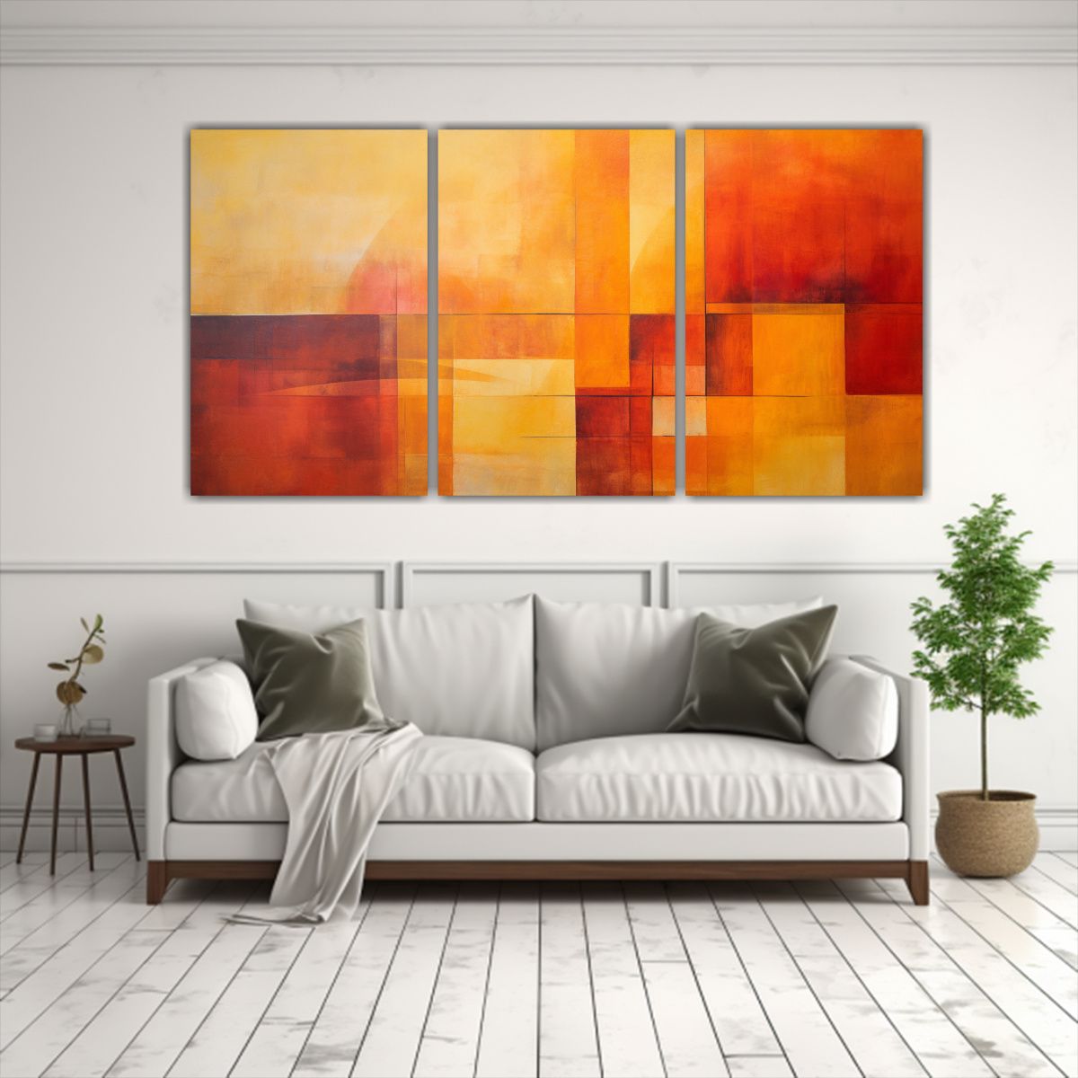 GENERICO - Tres Cuadros Dibujo Geométrico Abstracción En Tonos Naranj 240x120cm