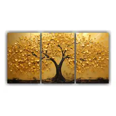 GENERICO - Conjunto 3 Telas Bastidor Abstracto Oro Amarillo Árbol 240x120cm