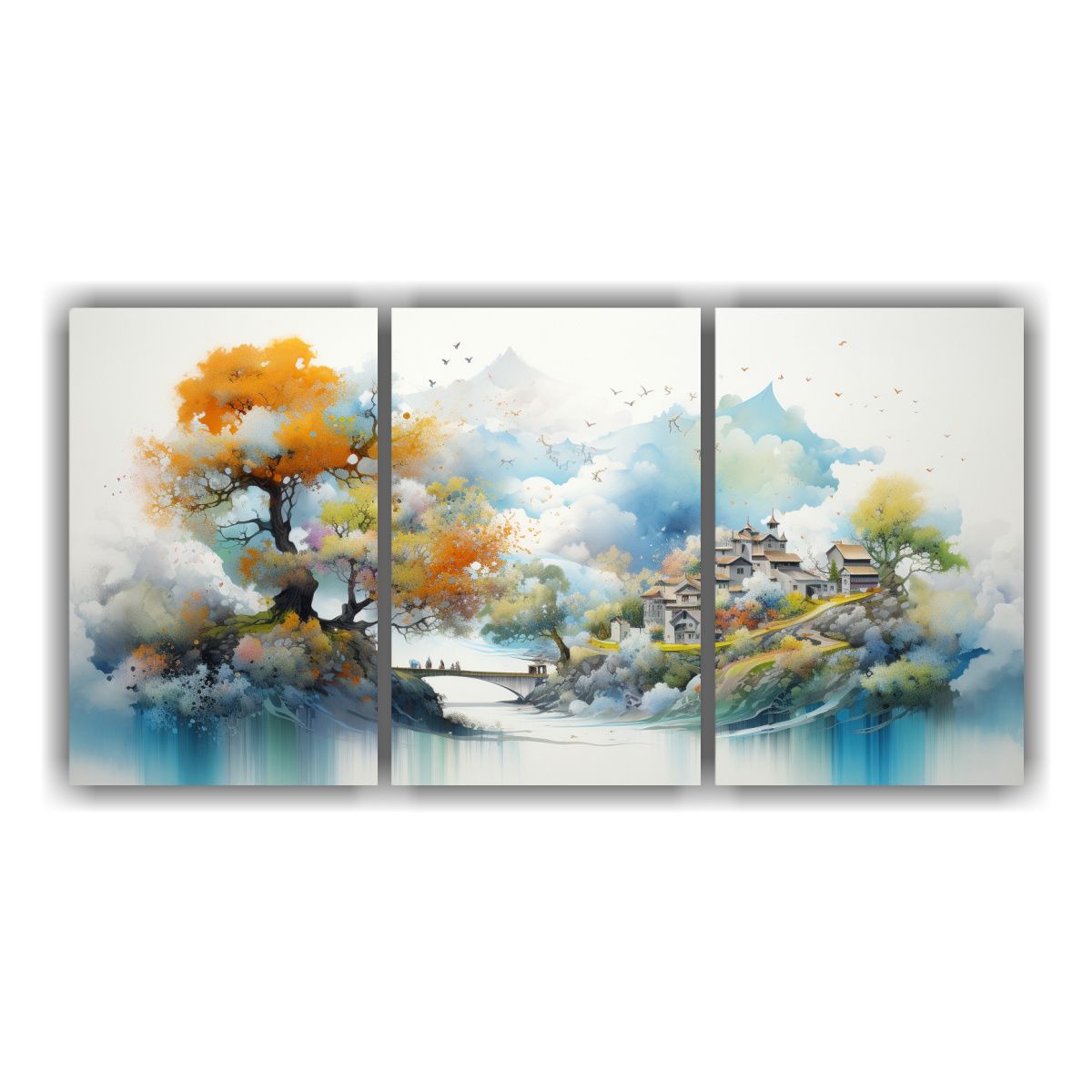 GENERICO - Paisajes Acuarelas Abstractas En Tres Cuadros Calidos 240x120cm