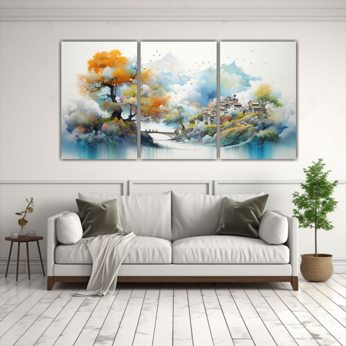 GENERICO - Paisajes Acuarelas Abstractas En Tres Cuadros Calidos 240x120cm