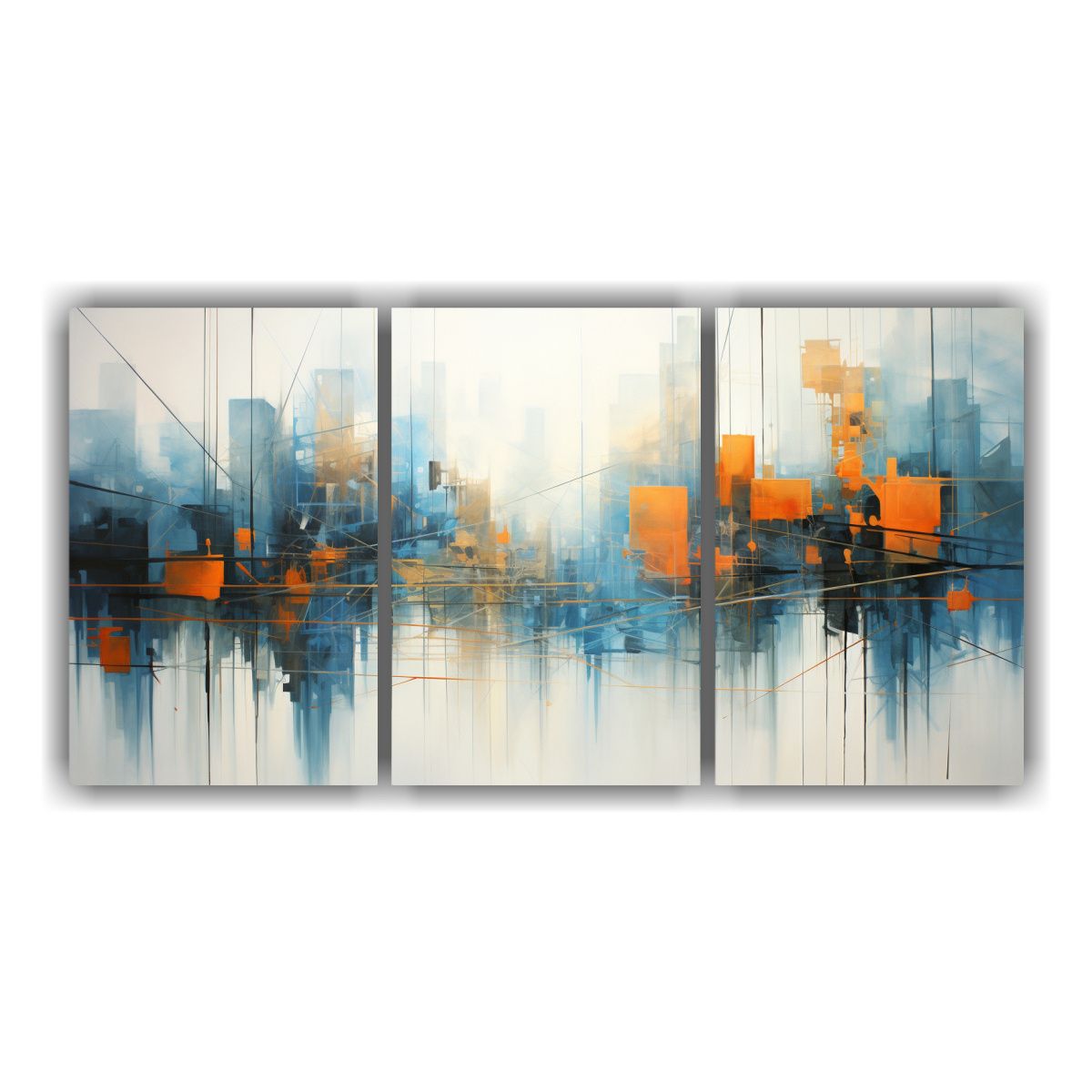 GENERICO - Pintura Abstracta De Ciudad En Azul Y Naranja, Tres Cuadros  240x120cm