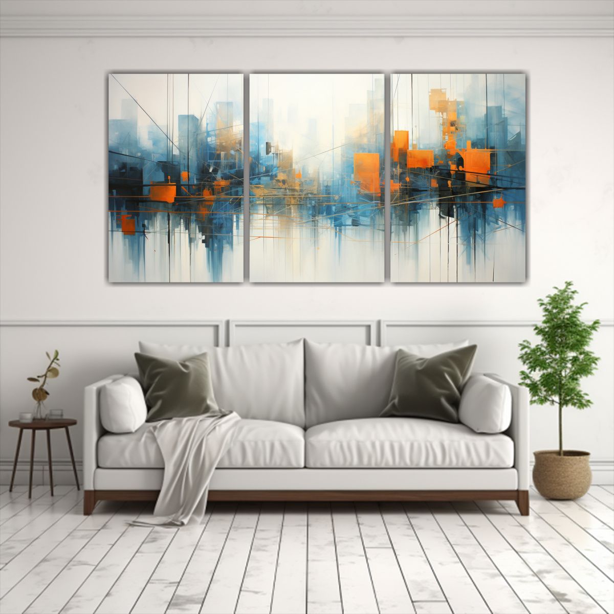 GENERICO - Pintura Abstracta De Ciudad En Azul Y Naranja, Tres Cuadros  240x120cm