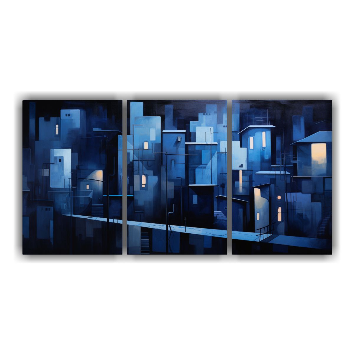 GENERICO - Cuadro Abstracto Urbano Nocturno En Tres Lienzos Horizontal 240x120cm