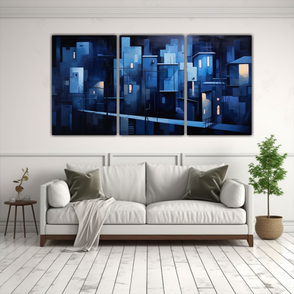 GENERICO - Cuadro Abstracto Urbano Nocturno En Tres Lienzos Horizontal 240x120cm