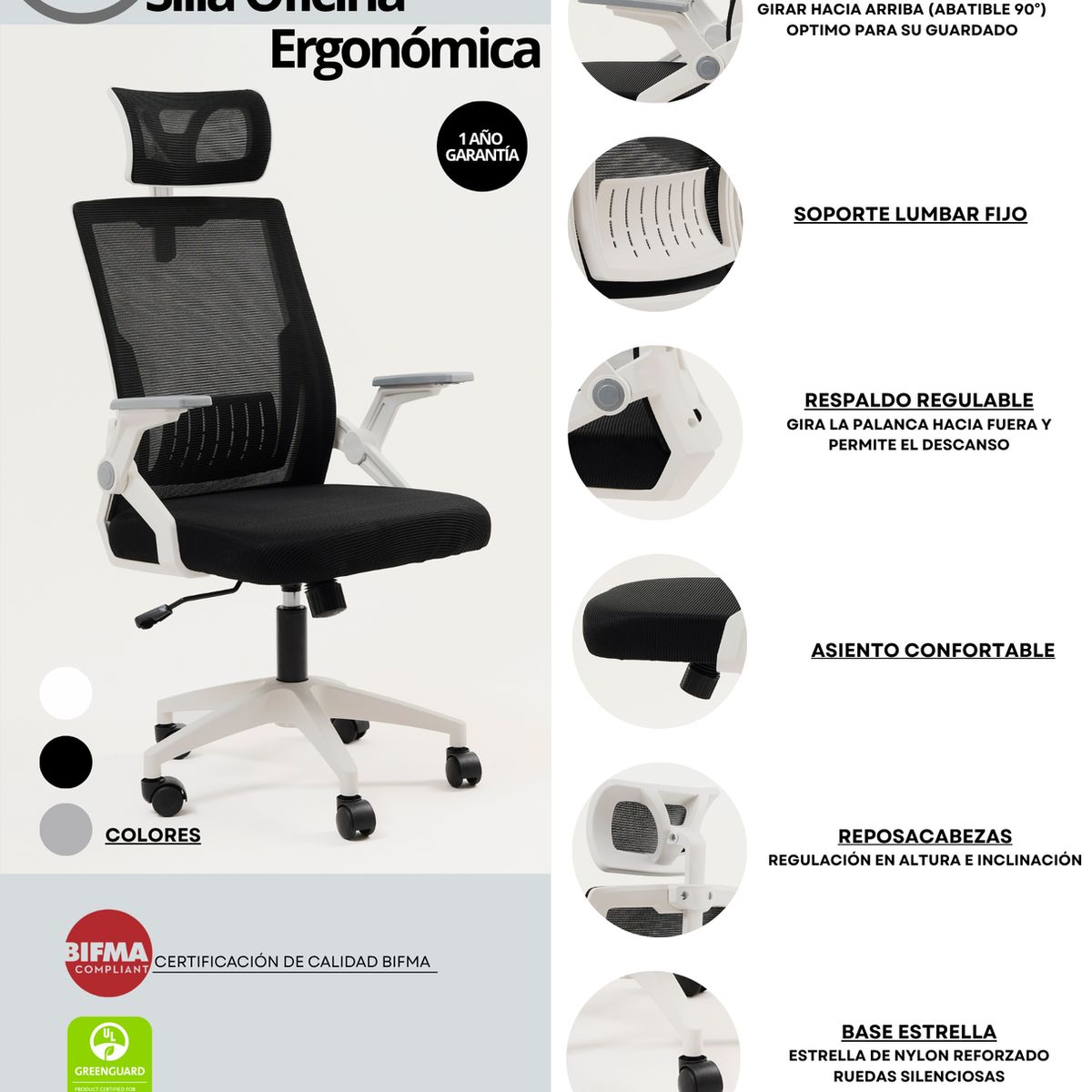 MODERNISMO - Silla de oficina ejecutiva Ergonomic Plus Blanca