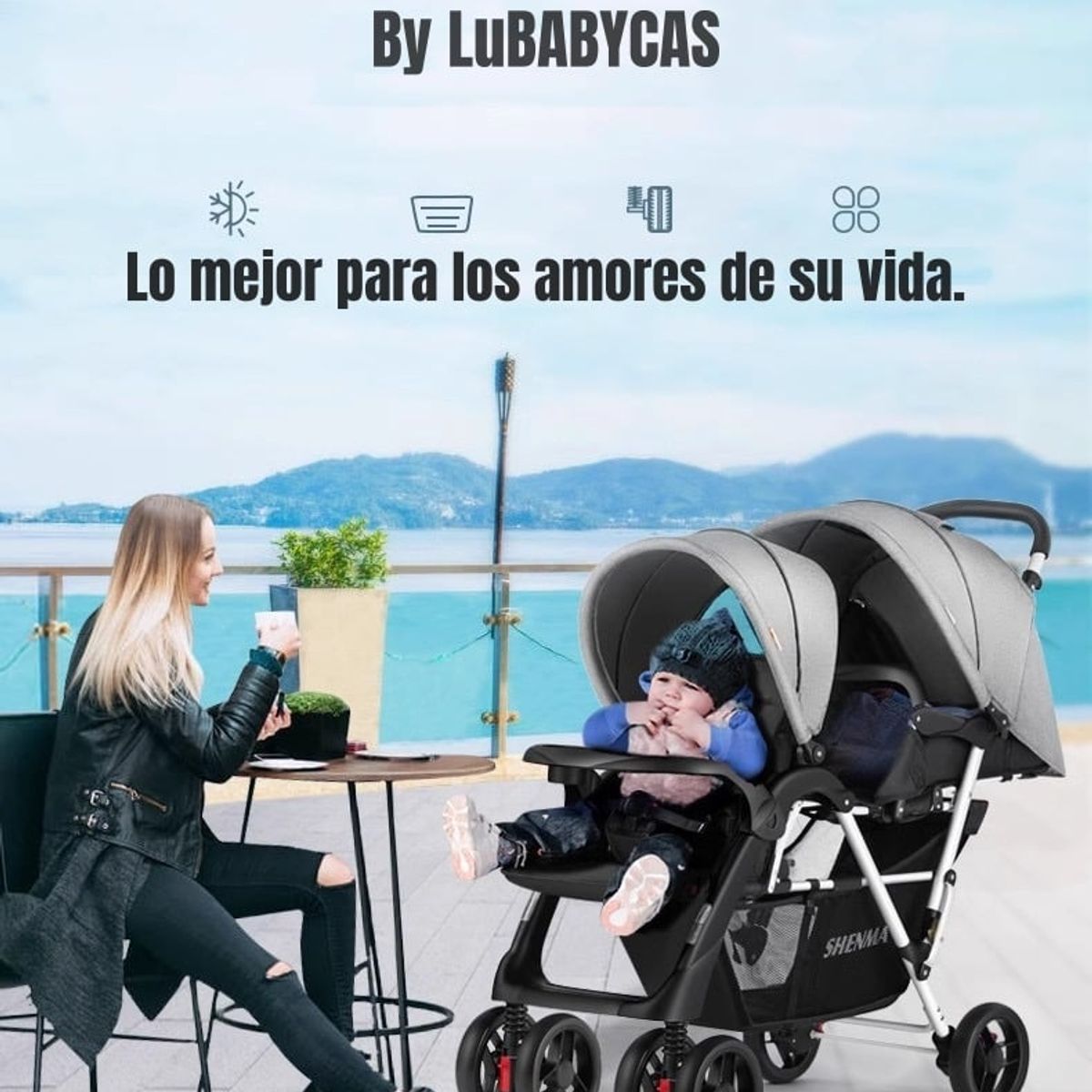 LUBABYCAS - Coche Doble Duo Reclinable Plegable Gris By LuBabycas