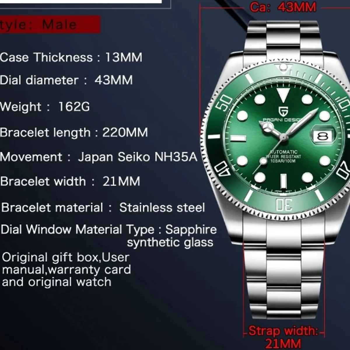 PAGANI - Reloj Hombre PAGANI SUBMARINER VERDE HULK Automático Cristal de Zafiro