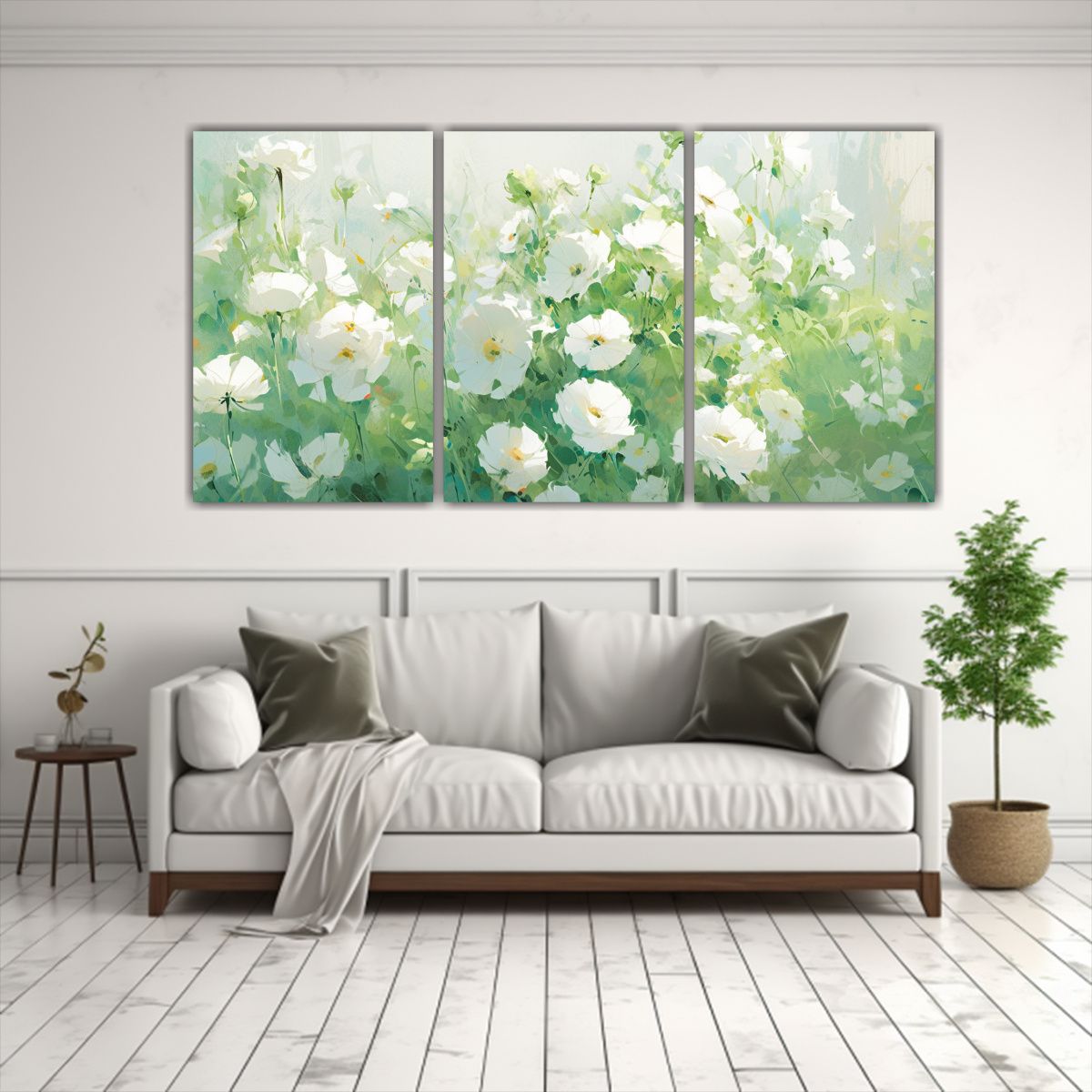 GENERICO - Pintura Abstracta De Flores Verdes Y Blancas En Lienzo Arte  240x120cm