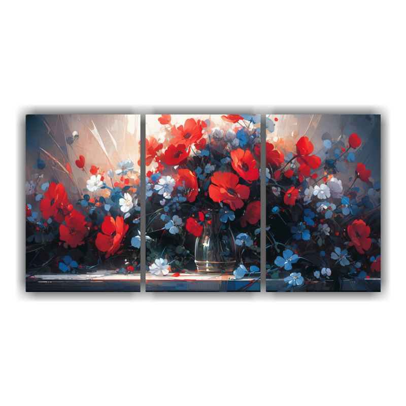 GENERICO - Set 3 Lienzos De Tela Imagen Moderna Flores Rojas Y Azules P 240x120cm
