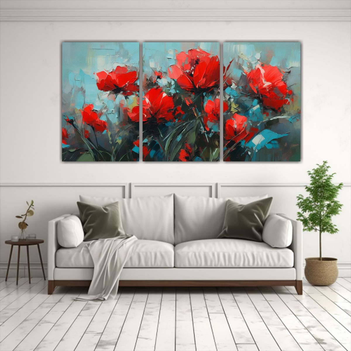 GENERICO - Pintura Original De Flores En Lienzo En Colores Rojo Y Turqu 240x120cm
