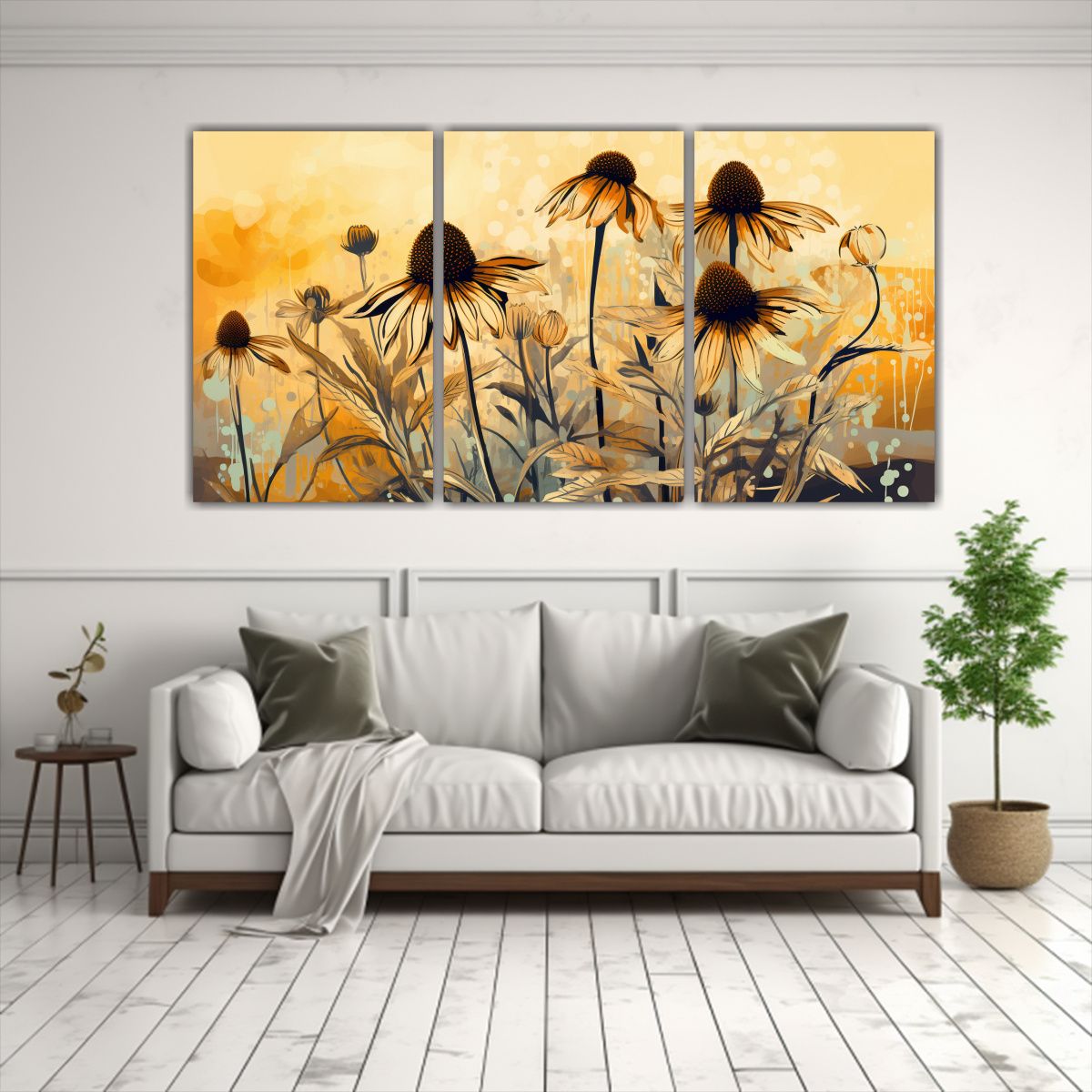 GENERICO - Cuadros Decorativos De Coneflower Y Hierbas En Tonos Dorados 240x120cm