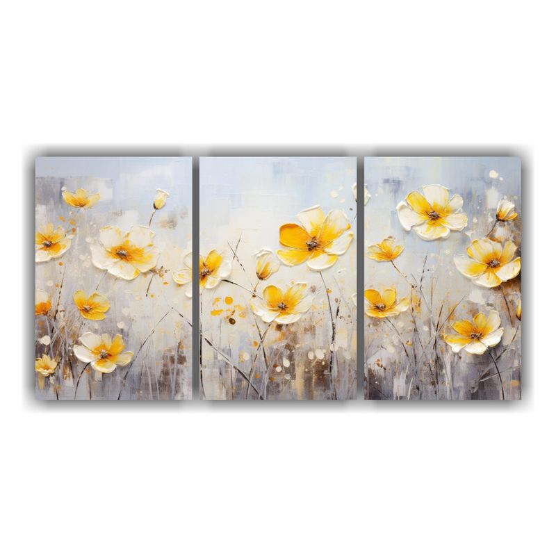 GENERICO - Set 3 Cuadros Pared Vintage Textura Amarillo Y Plata Flores  240x120cm