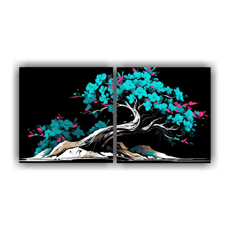 GENERICO - Díptico Cuadro Luminosa Bougainvillea Bonsái Turquesa Y Ne 160x80cm