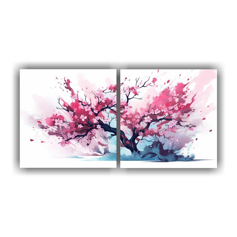 GENERICO - Set 2 Cuadros Colores Adorno Árbol De Cerezo En Acuarelas A 160x80cm