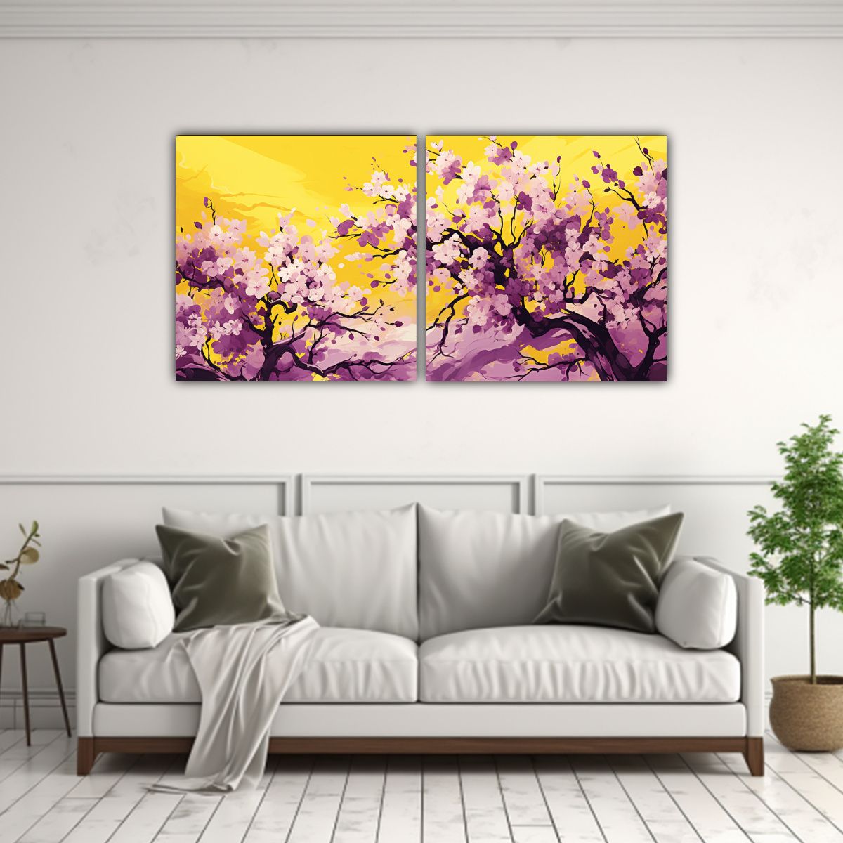 GENERICO - Cuadro Impreso Esquema Árbol Cerezo En Amarillo Y Morado, A 160x80cm