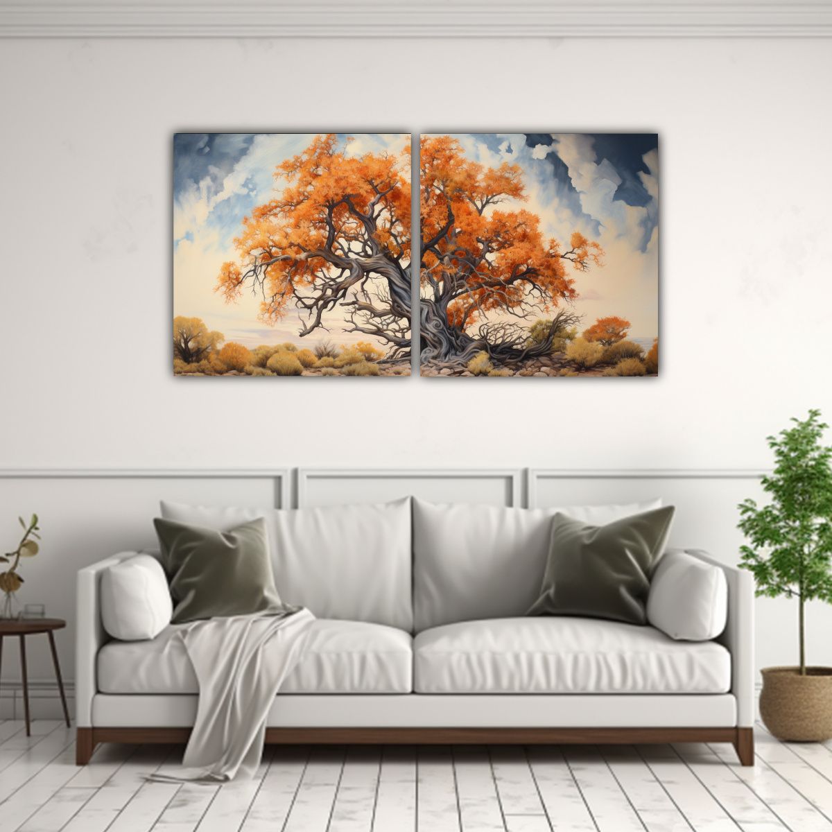 GENERICO - Cuadro Abstracto Moderno De Dos Lienzos Con árbol De Algodo 160x80cm