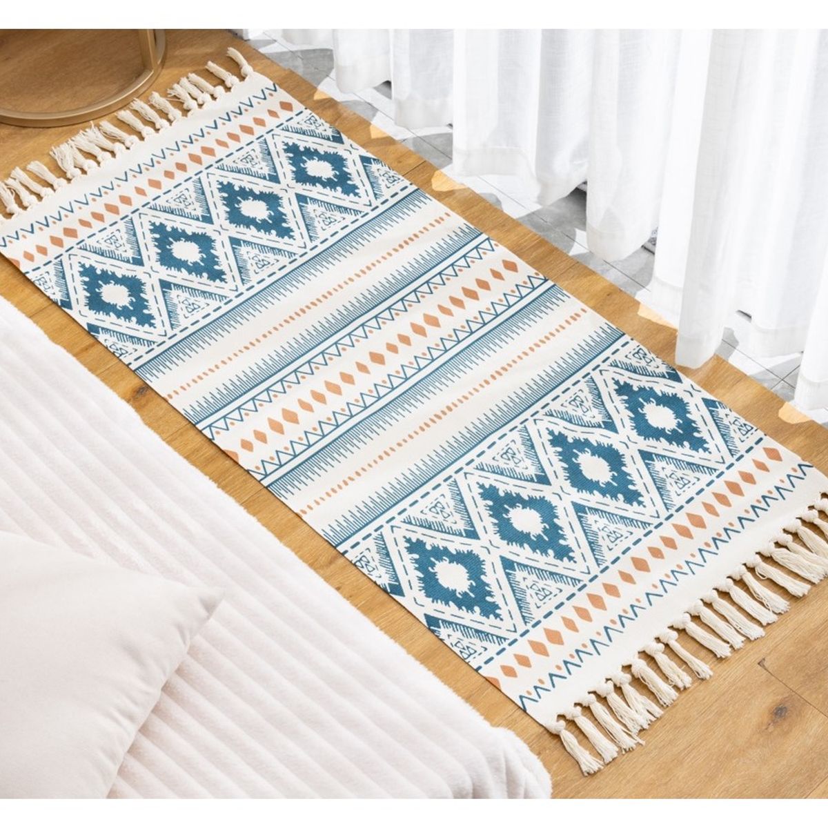 COMPRAPO - Bajada de Cama o Piecera Estilo Etnico Turquesa y Mostaza 130x60 Cm