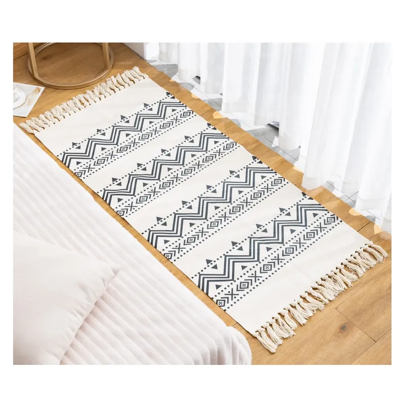 COMPRAPO - Bajada de Cama o Piecera Estilo Etnico Blanco y Negro 130x60 Cm