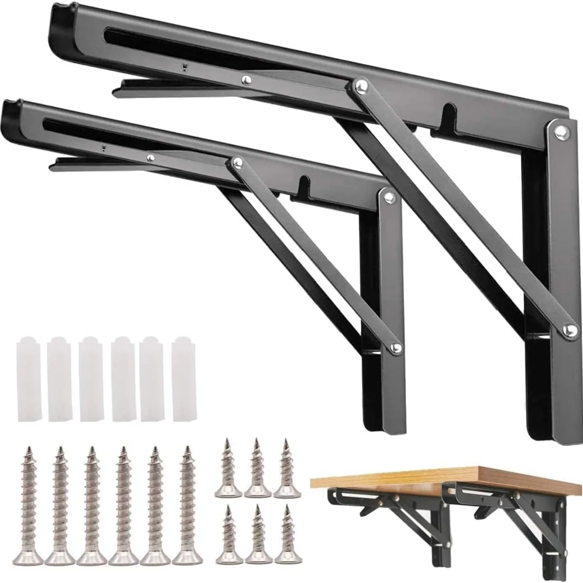 KUANGYE - 2 Bisagras Escuadra Soporte Estante Repisa Plegable 40cms Negro