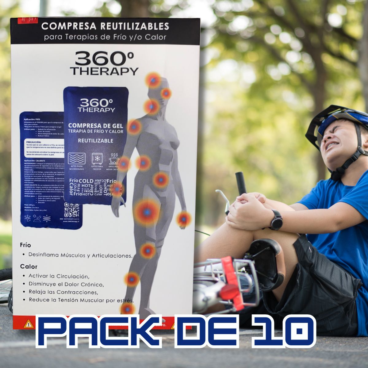 360 THERAPY - Pack de 10 Compresas de Gel Frío/Calor. 13x23cm. 360º Therapy®