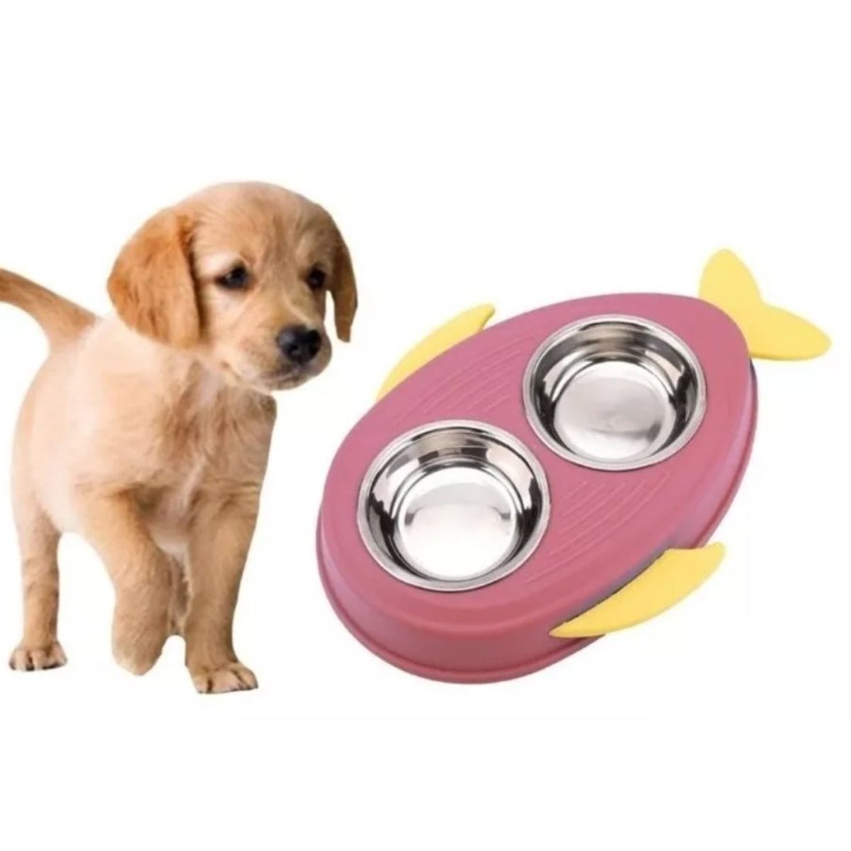 GENERICO - Plato Doble Para Mascotas Con Diseño Perro Gato Rosa