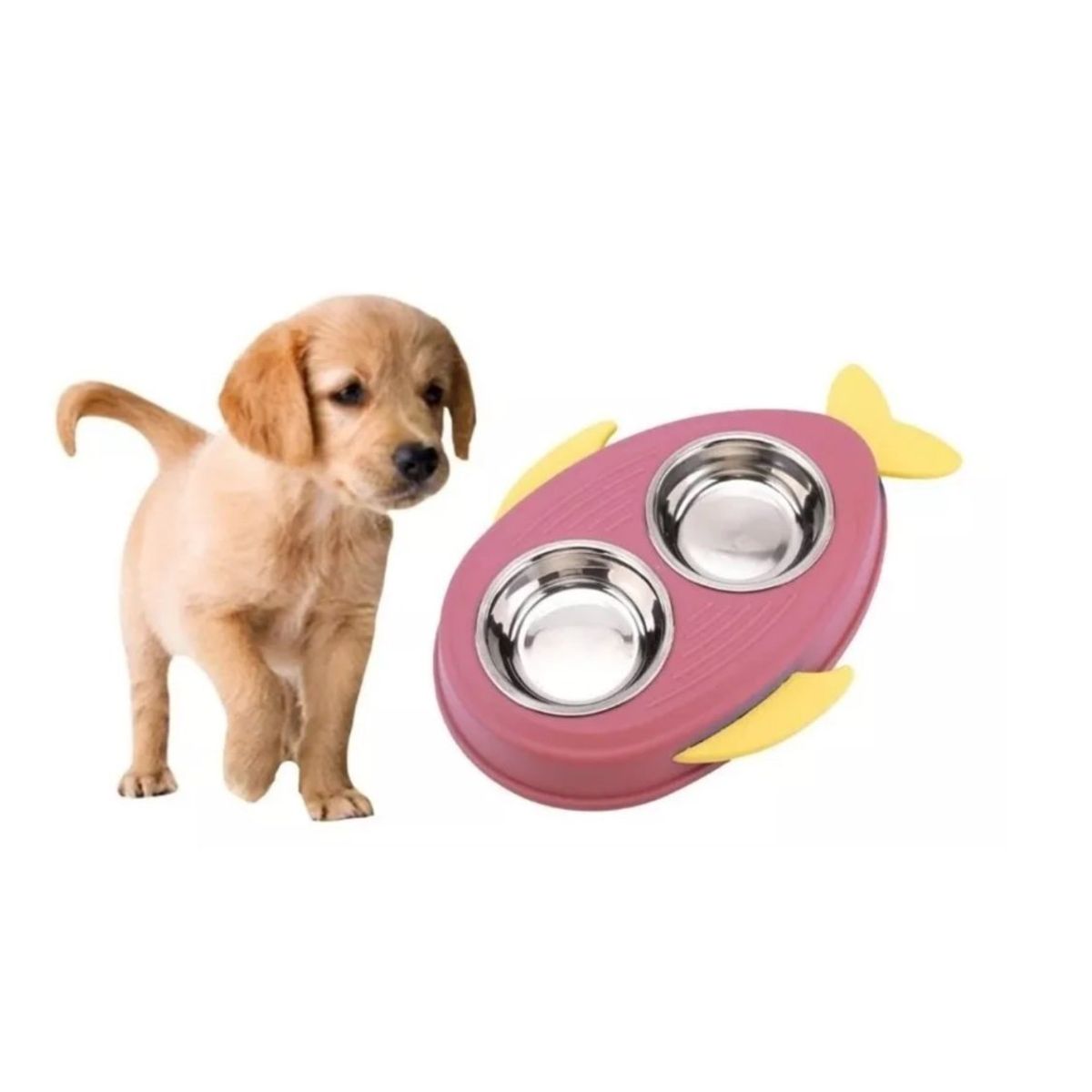 GENERICO - Plato Doble Para Mascotas Con Diseño Perro Gato Rosa