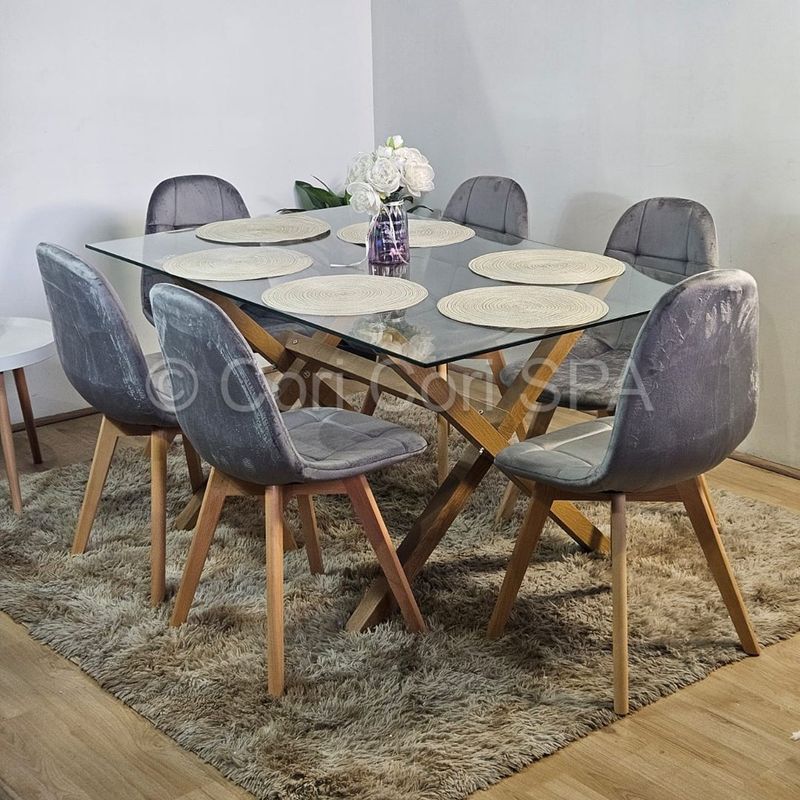 CORI CORI - Comedor Medlock Vidrio 140x90cm  + 6 Sillas Capitonne Velvet Gris