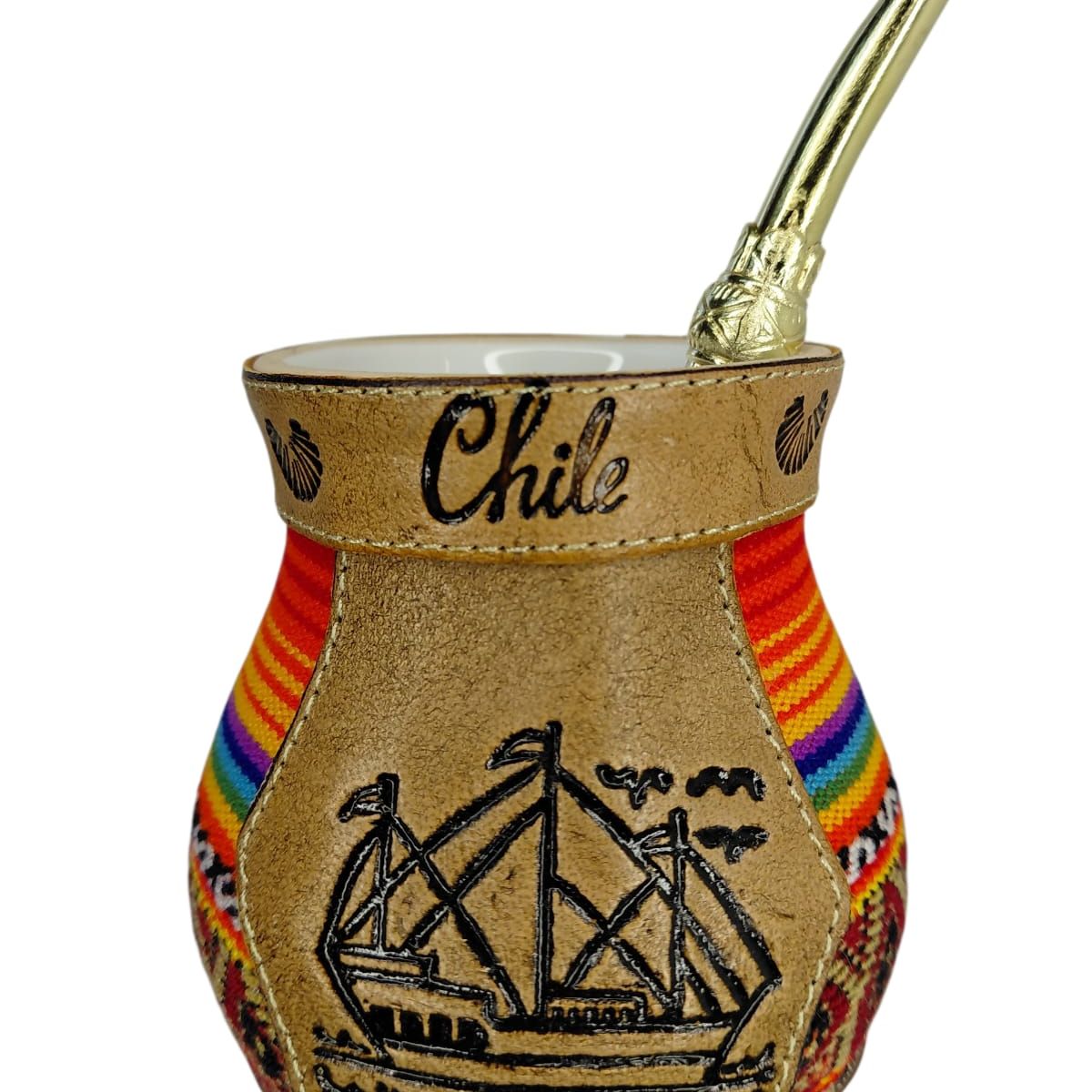 GENERICO - Mate Ceramica 120 ml Con Aguayo y Cuero Mediano Mas Bombilla