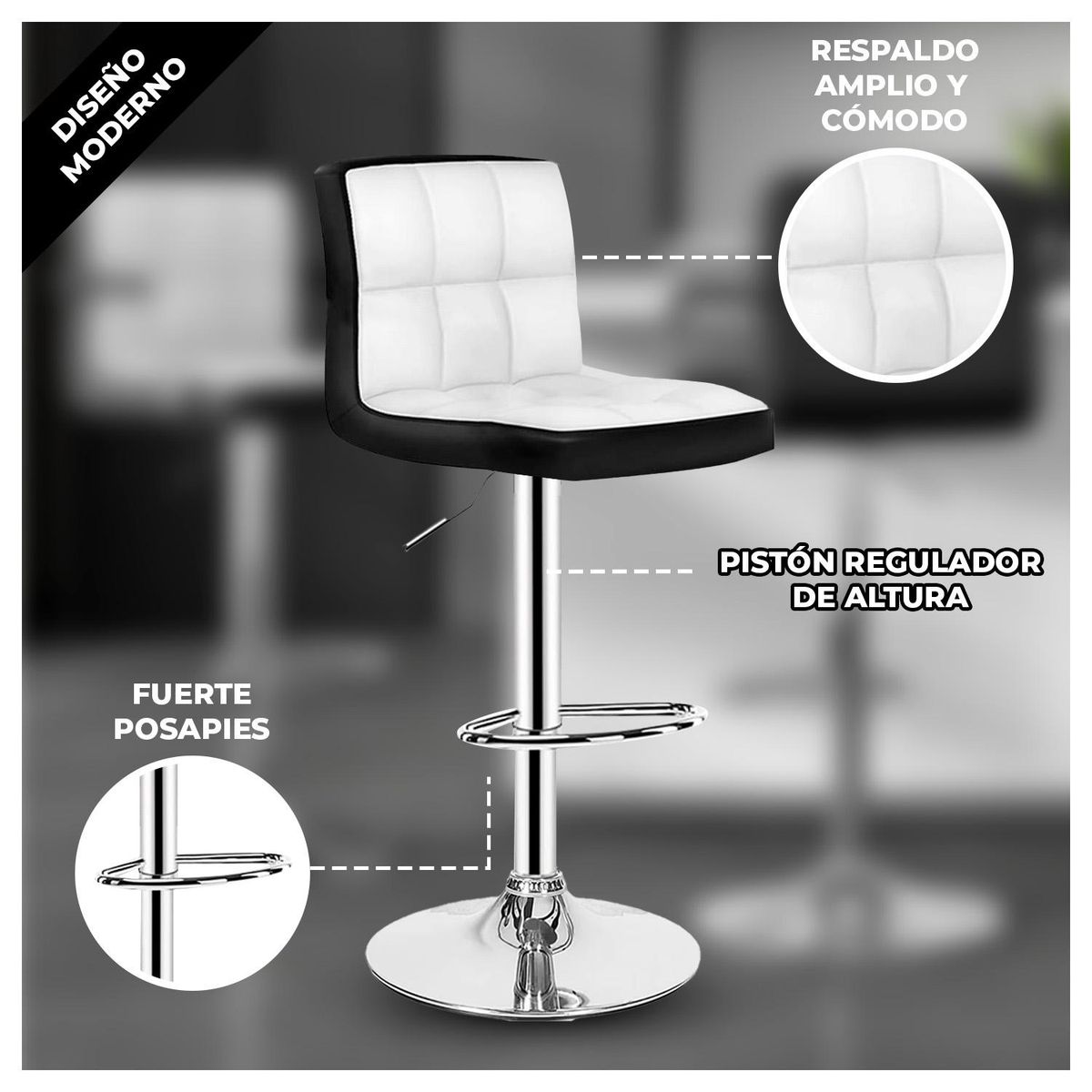 GLOBAL LATIN GROUP - Pack 2 Silla Piso Bar Taburete Con Respaldo Blanco y negro
