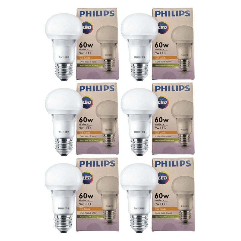 PHILIPS - Set 6 Ampolleta Philips 9W reemplaza a 60w Luz Calida 650 Lm