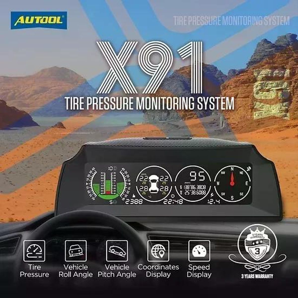 GENERICO - Medidor De Pendiente Gps Tpms X91 Autool Hud 3 En 1