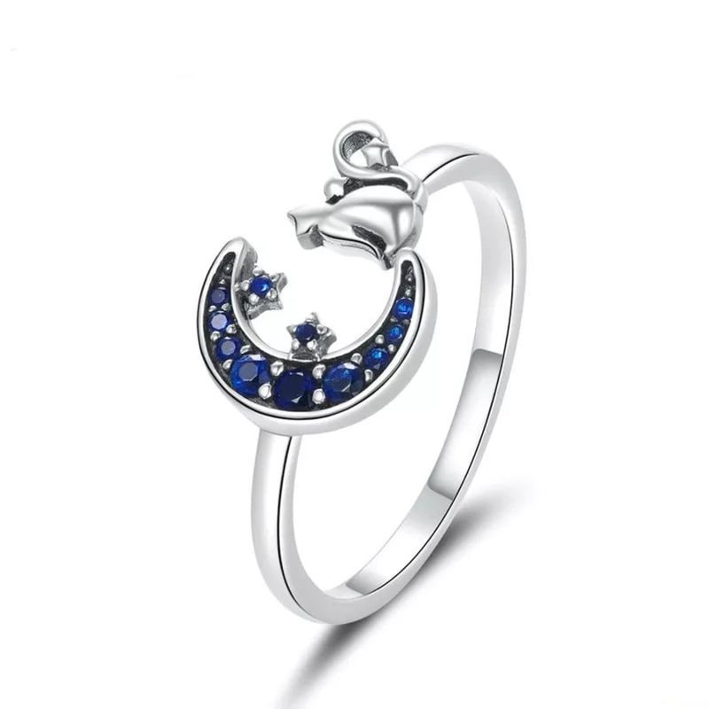 GENERICO - Anillo gato luna azul plata 925 ajustable mujer joya