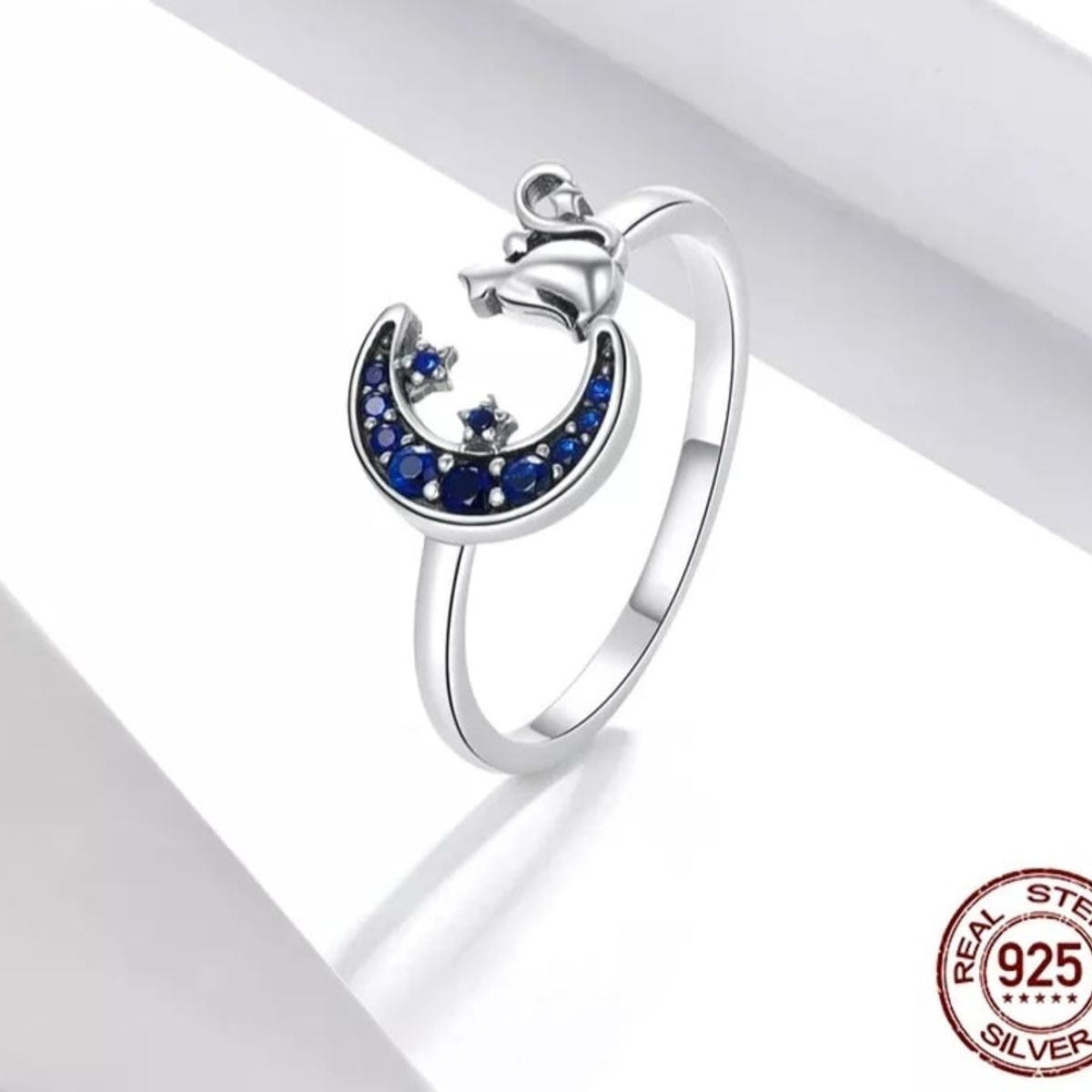 GENERICO - Anillo gato luna azul plata 925 ajustable mujer joya