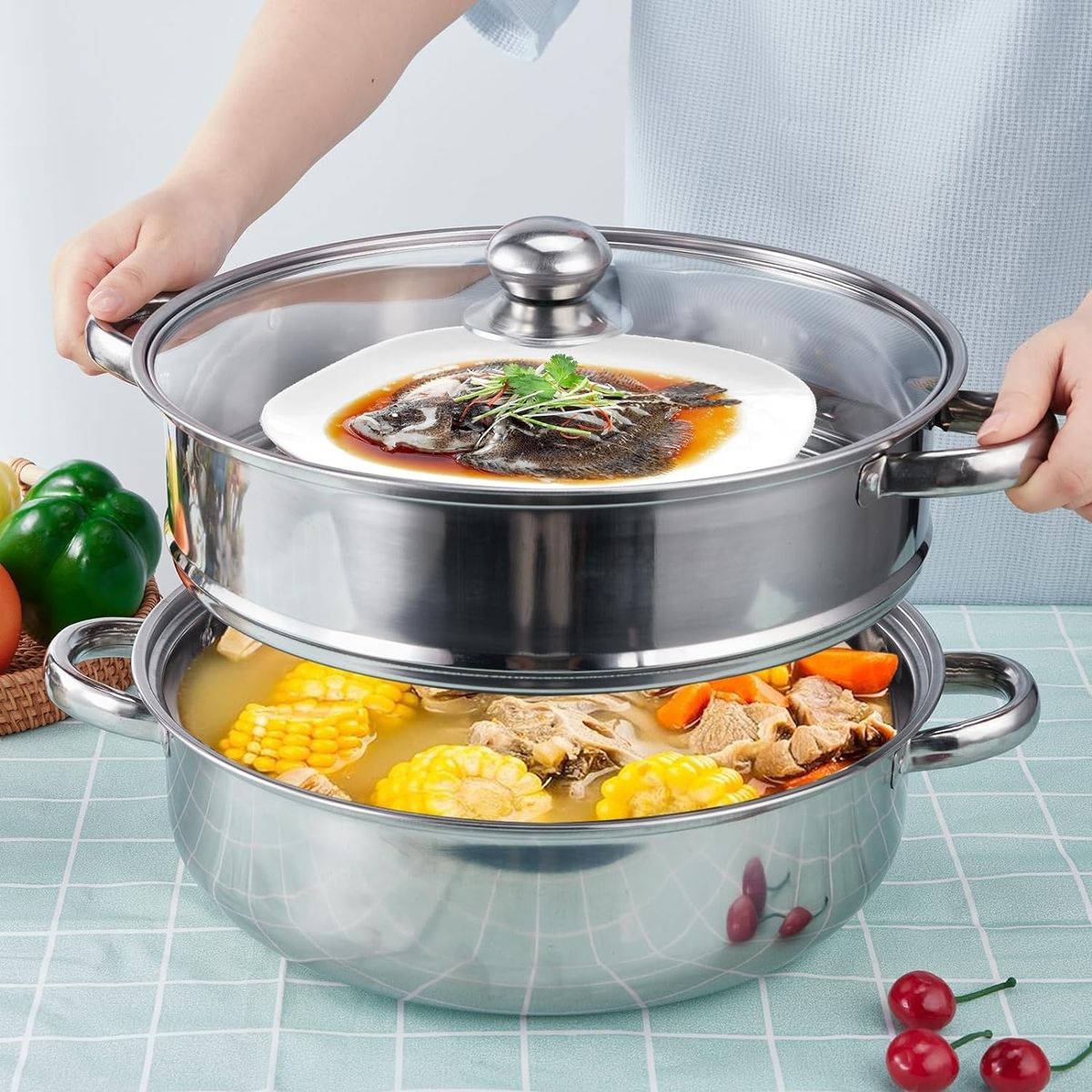 YOMYM - Olla De Sopa Gruesa De Doble Capa Con Dos Asas 32 cm