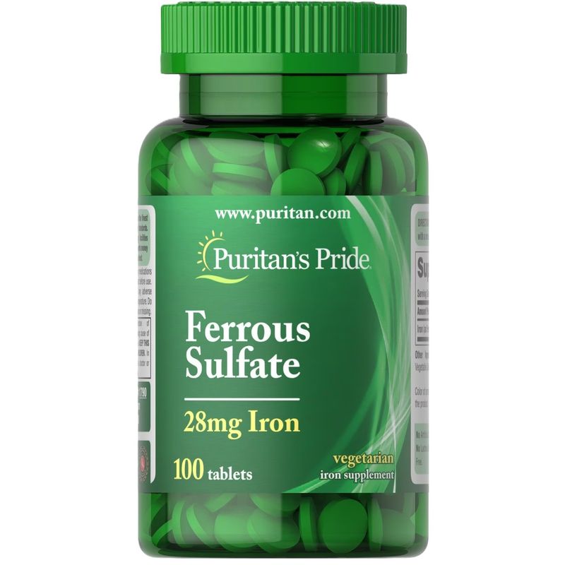 PURITANS PRIDE - Sulfato Ferosso (hierro) 28mg 100 Tabletas Vegana