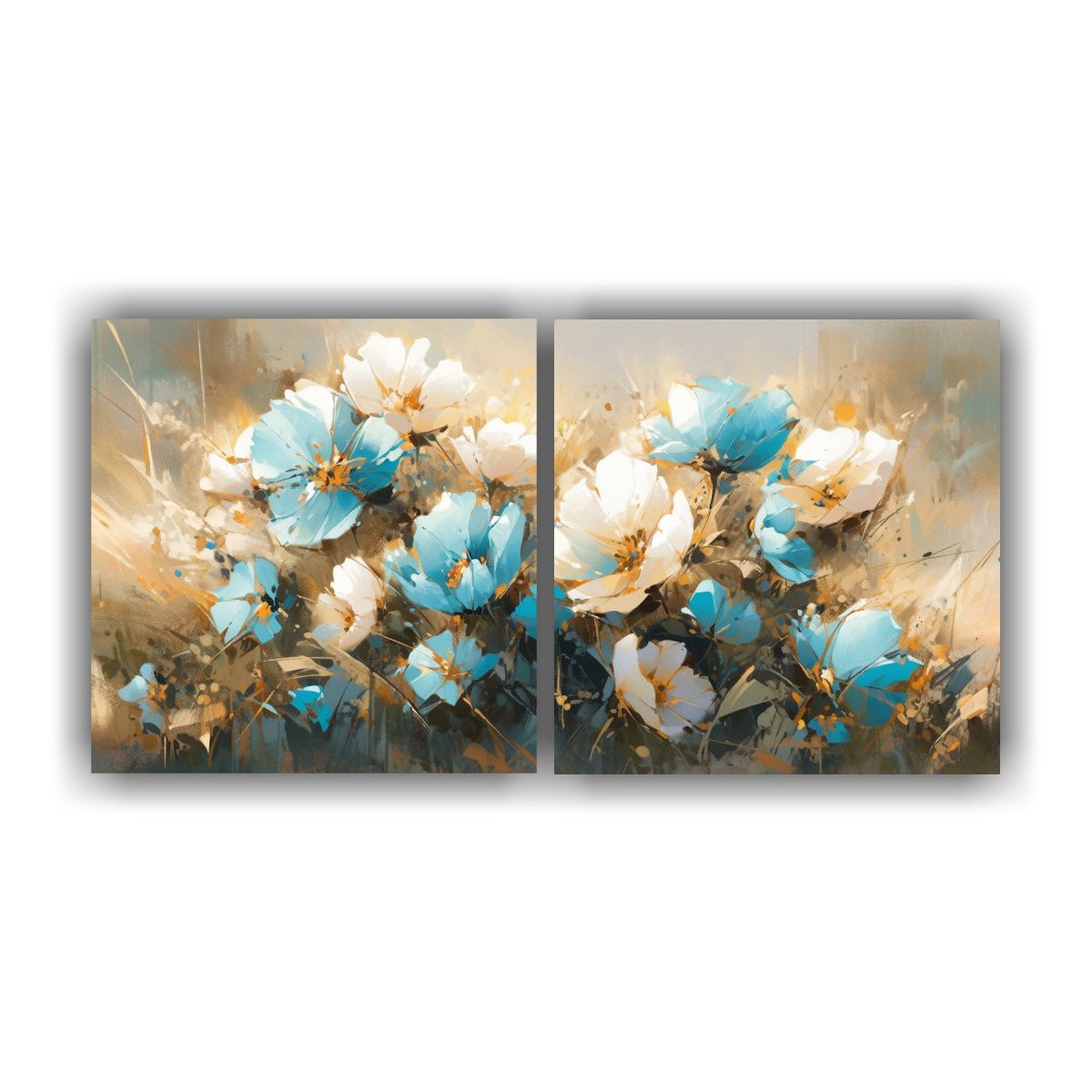 GENERICO - Pintura En Lienzo Turquesa Y Oro Con Flores En Dos Cuadros T 160x80cm