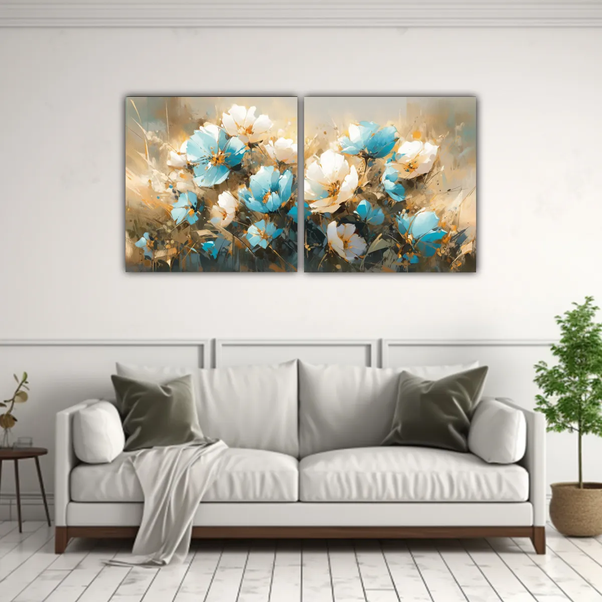 GENERICO - Pintura En Lienzo Turquesa Y Oro Con Flores En Dos Cuadros T 160x80cm