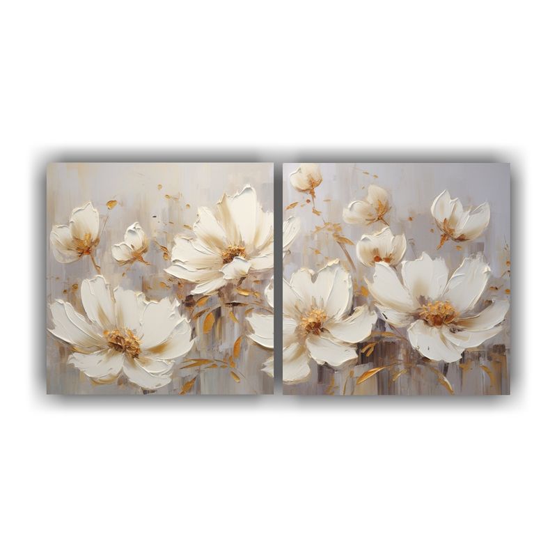 GENERICO - Pintura Floral En Lienzo En Colores Blanco Y Dorado Diptico  160x80cm