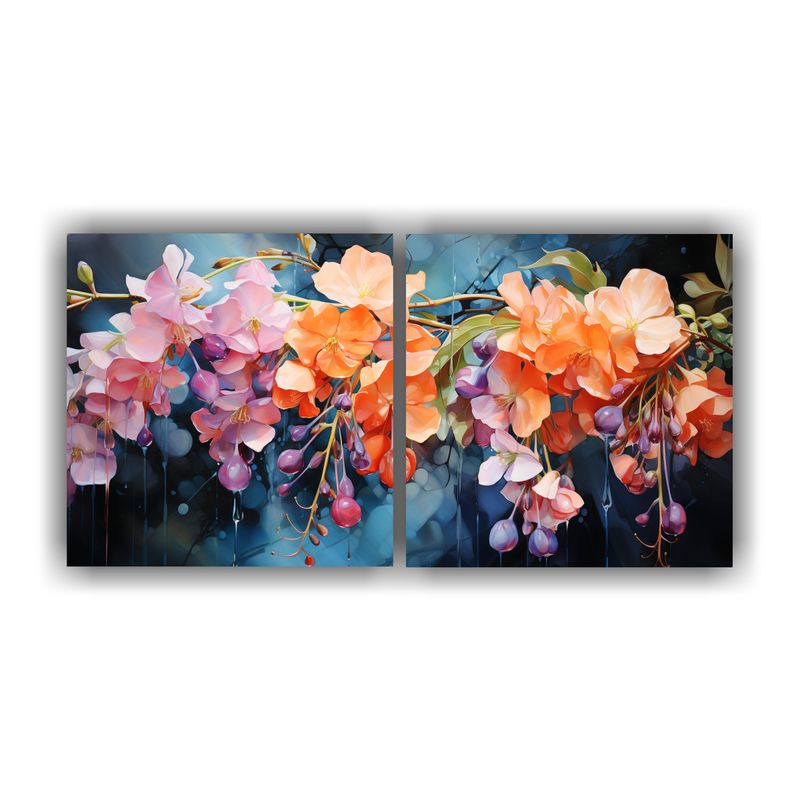 GENERICO - Pintura Abstracta Con Flores De Glicinia Naranja Y Azul Para 160x80cm