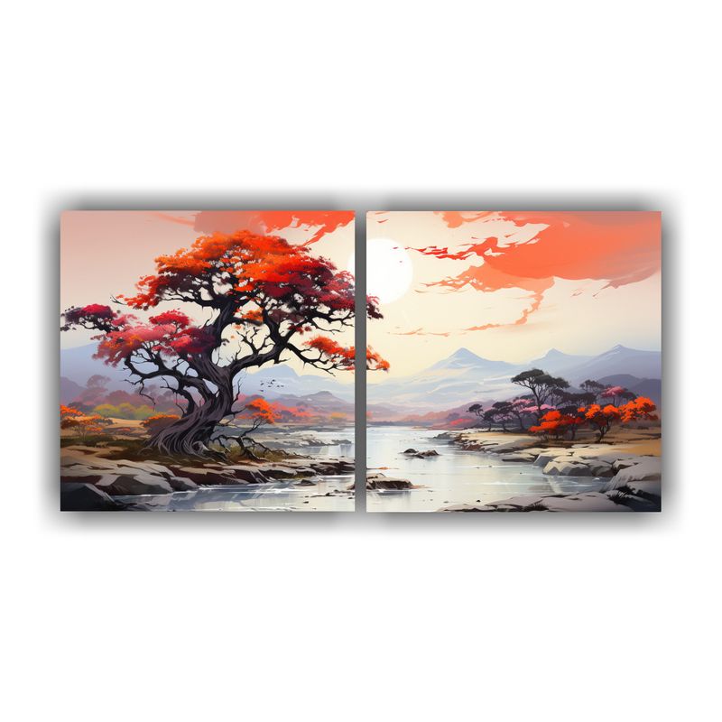 GENERICO - Dos Telas Expresión Calma A Árbol De Acacia Rojo Y Naranja 160x80cm
