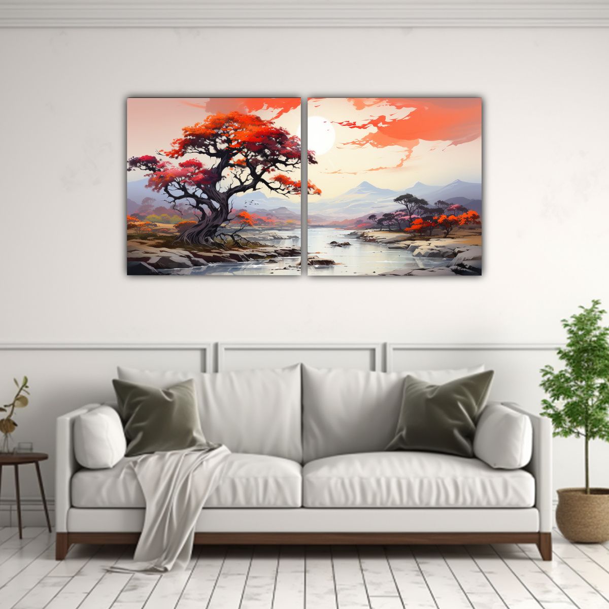 GENERICO - Dos Telas Expresión Calma A Árbol De Acacia Rojo Y Naranja 160x80cm
