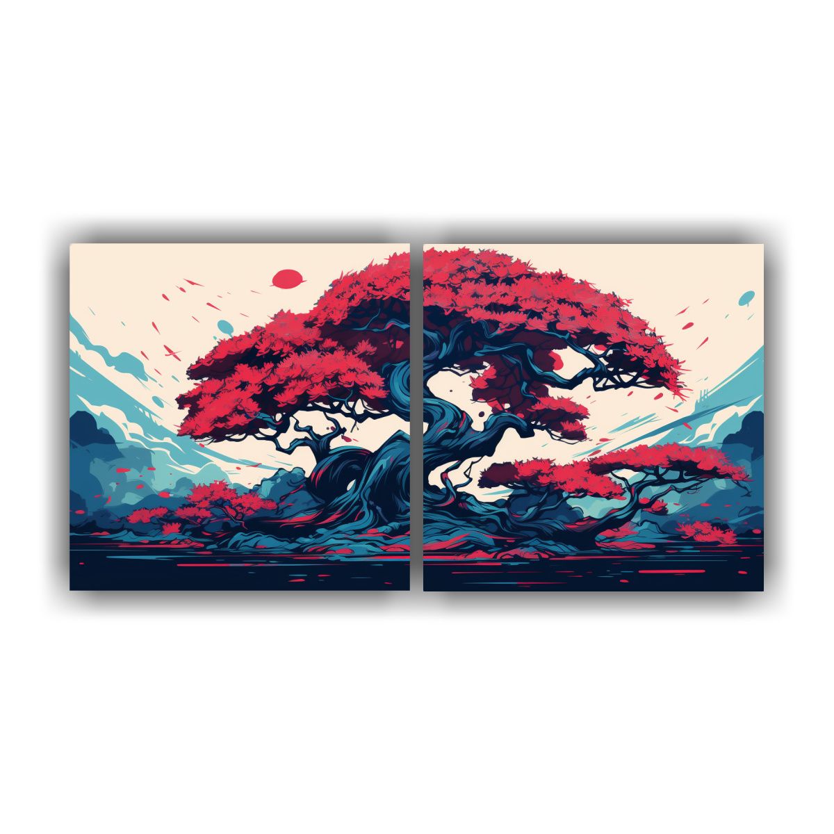 GENERICO - Pinturas Abstractas De árboles Bonsái En Colores Rojo Y Az 160x80cm