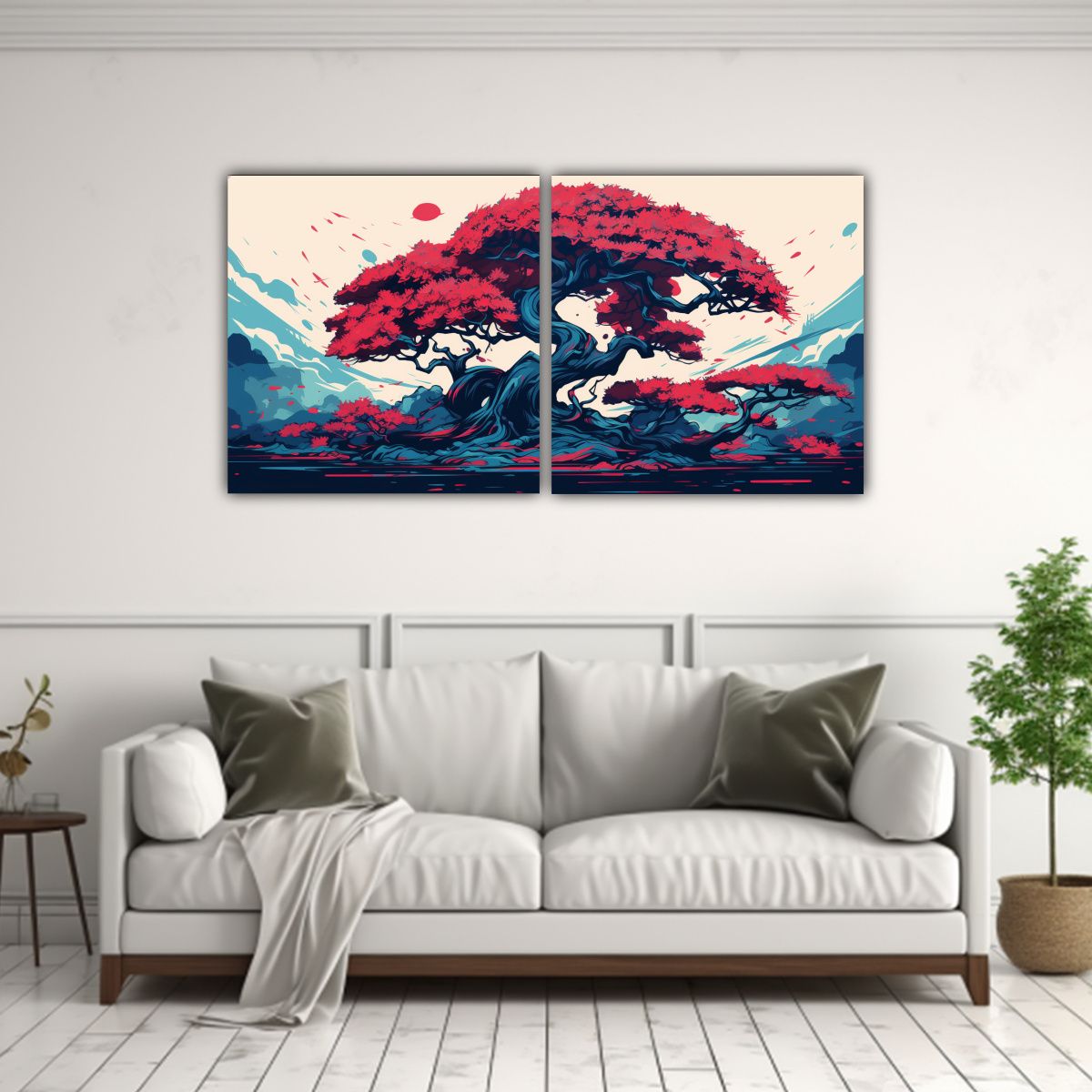 GENERICO - Pinturas Abstractas De árboles Bonsái En Colores Rojo Y Az 160x80cm