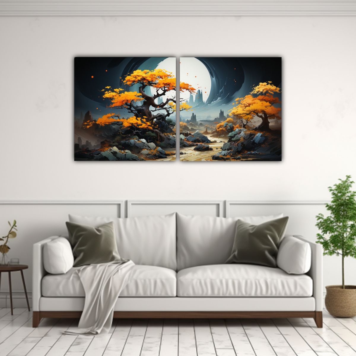 GENERICO - Pintura Abstracta A Bonsai Tree Amarillo Y Turquesa En Dos L 160x80cm