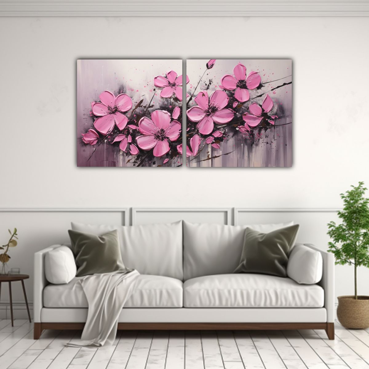GENERICO - Pintura De Flores En Lienzo En Colores Negro Y Rosa Dos Arte 160x80cm
