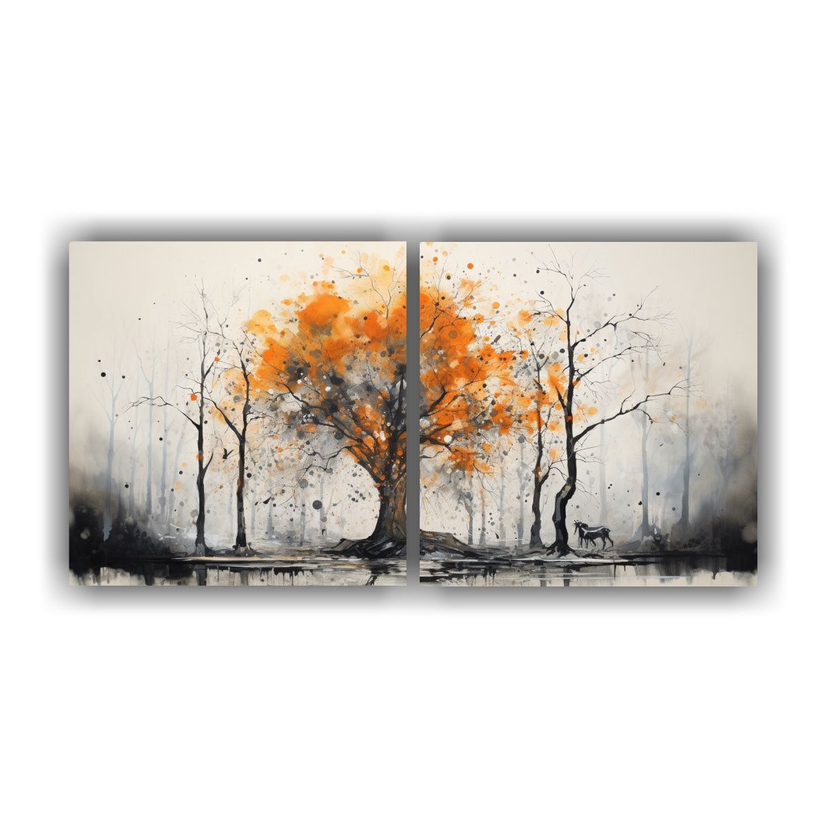 GENERICO - Set 2 Cuadros Tonos Originalidad Árbol Bosque Naranja Y Neg 160x80cm