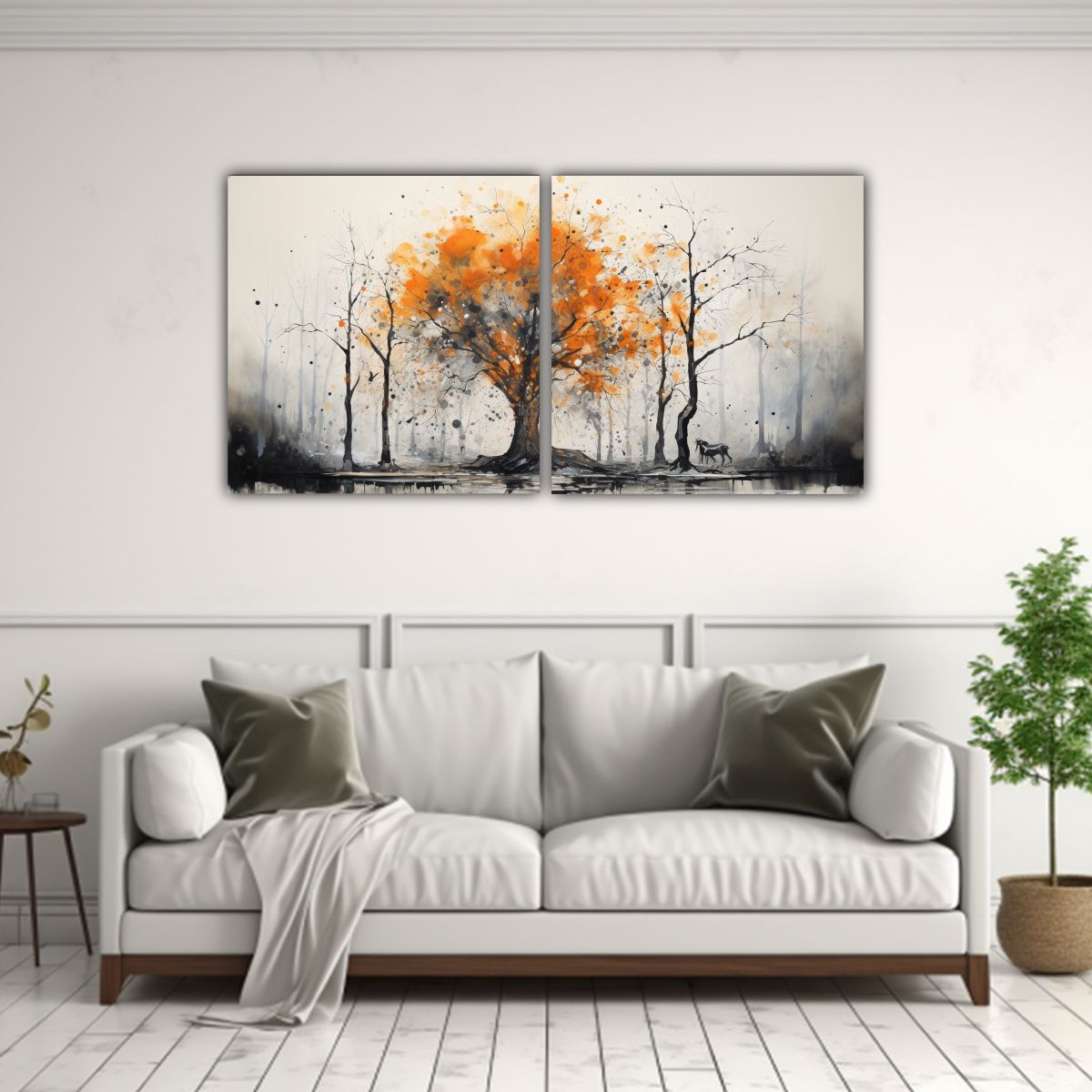 GENERICO - Set 2 Cuadros Tonos Originalidad Árbol Bosque Naranja Y Neg 160x80cm